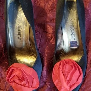 Yves st Laurent vtg black silk heels red rose